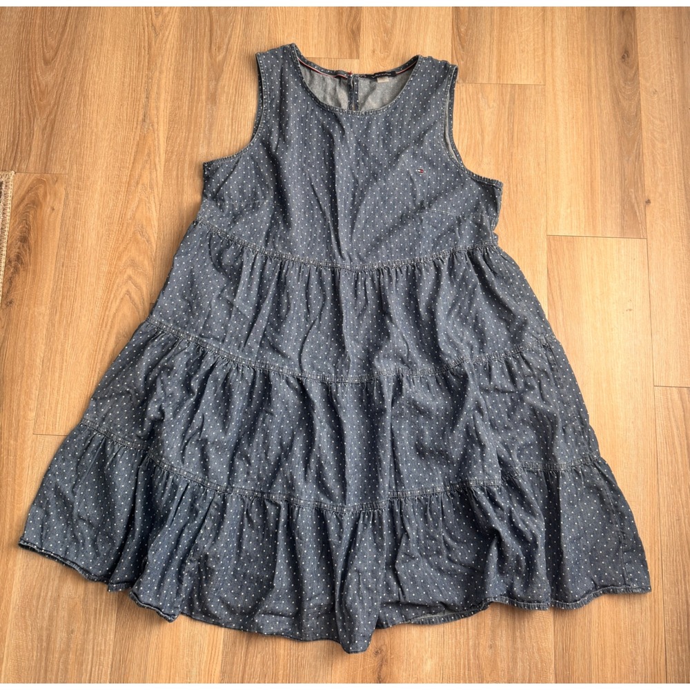 Tommy Hilfiger Womens Sleeveless Tiered Denim Polka Dot Dress Blue Size 12